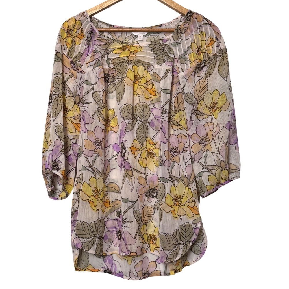 LC Lauren Conrad Womens‎ Floral Chiffon Pleated Blouse Yellow Purple Size M